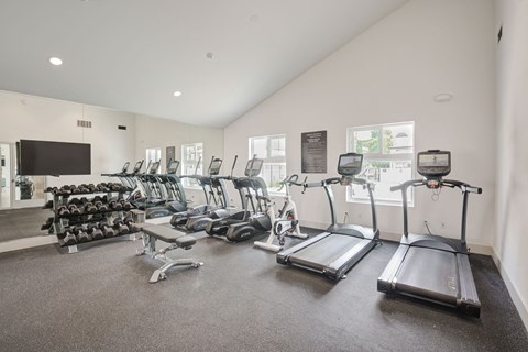 a gym with cardio equipment and a flat screen tv  at Laguna Gardens Apts., Laguna Niguel