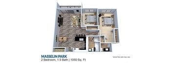 2 bedroom 2 bath  floor plan A at Masselin Park West, Los Angeles, 90036