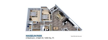 2 bedroom 2 bath  floor plan B  at Masselin Park West, Los Angeles, California
