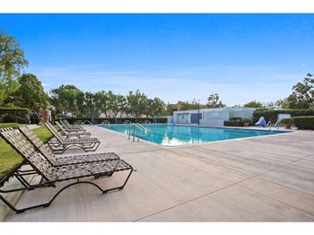 a swimming pool with chaise lounges and trees in the background at Harvard Manor, California