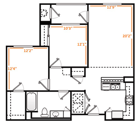 a floor plan of a small house with a kitchen and a living room  at Ventana Senior Apartments, Northridge