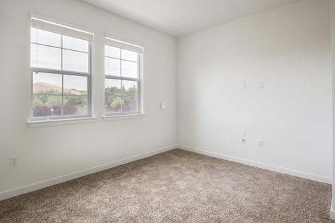 a bedroom with two windows and a carpeted floor  at Deer Creek Apartments, San Ramon, 94582