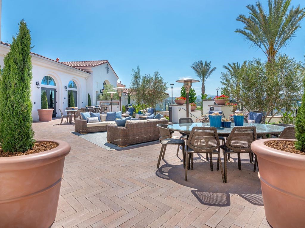 Outdoor seating area at Montecito Apartments at Carlsbad, California