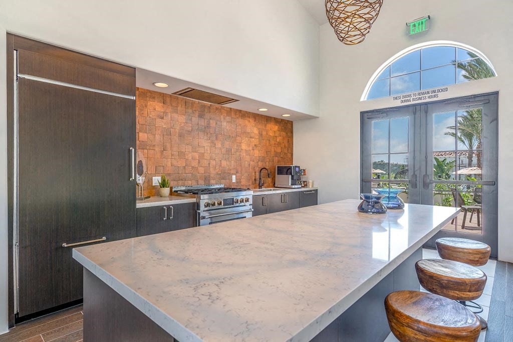 Clubhouse interior kitchen at Montecito Apartments at Carlsbad, Carlsbad, CA