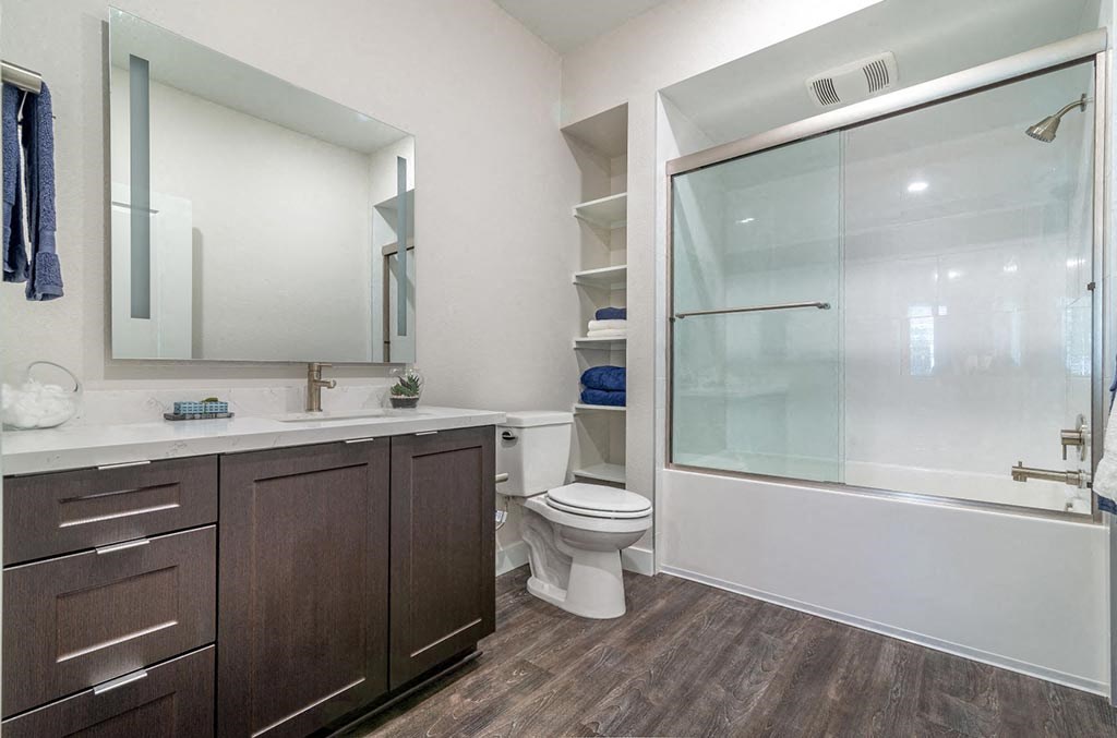 Bathroom with shower area at Montecito Apartments at Carlsbad, Carlsbad