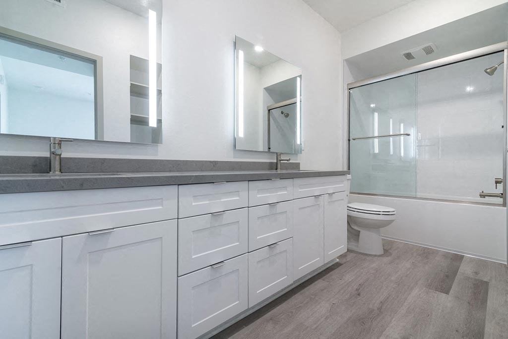 Bathroom with cabinets at Montecito Apartments at Carlsbad, California, 92010