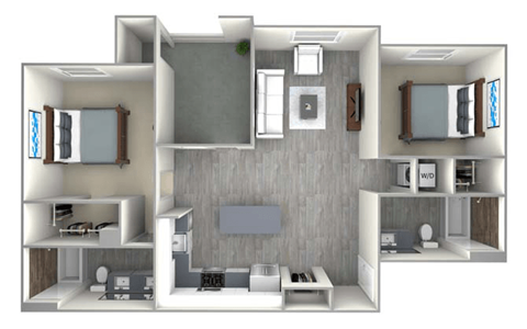 a floor plan of a one bedroom apartment with two bathrooms and a balcony at The Vineyards Apartments, Porter Ranch, CA
