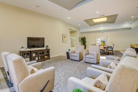 a living room filled with furniture and a flat screen tv  at Tesoro Senior Apartments, California