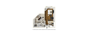 a stylized floor plan of a studio apartment