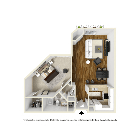 1 bed 1 bath 1A Floor Plan at Burton, Los Angeles, California