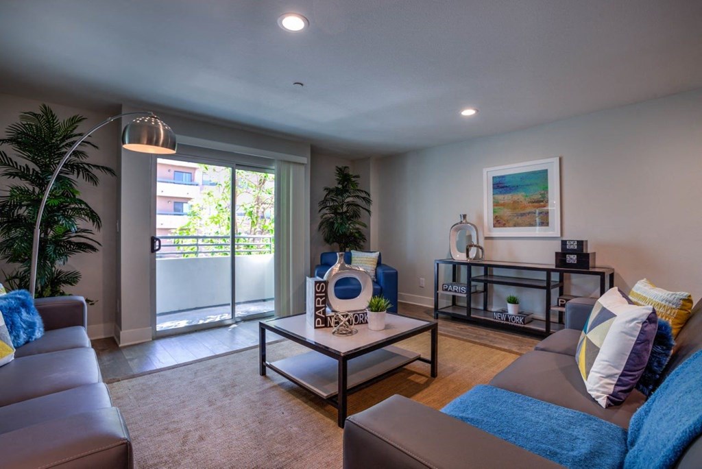 A living room with a grey couch and a blue cushion. at 433 Midvale - Student Housing at UCLA, California