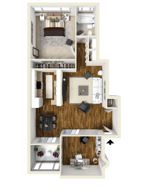 2A 2 Bed 1 Bath Floor Plan at Rose Apartments, California
