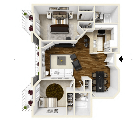 2 bed 2 bath 2A Floor Plan at Burton, Los Angeles, California
