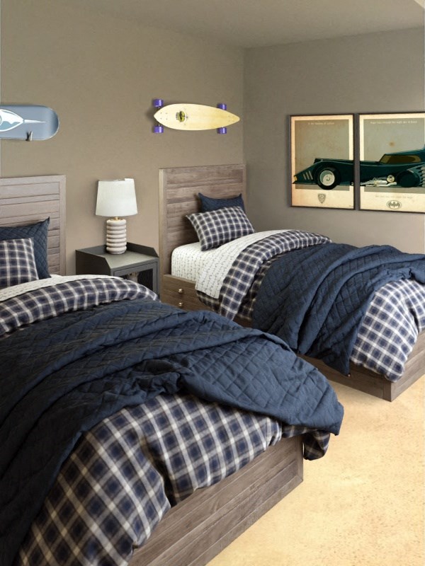 A bedroom with two beds covered in blue and white checkered bedding. at 433 Midvale - Student Housing at UCLA, Los Angeles, 90024