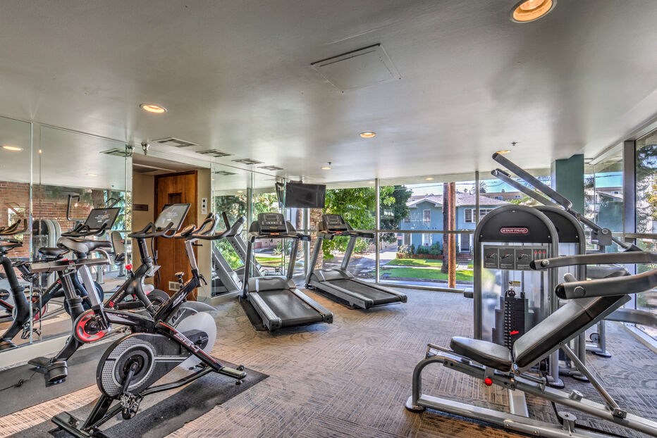 the gym is equipped with cardio equipment and glass walls