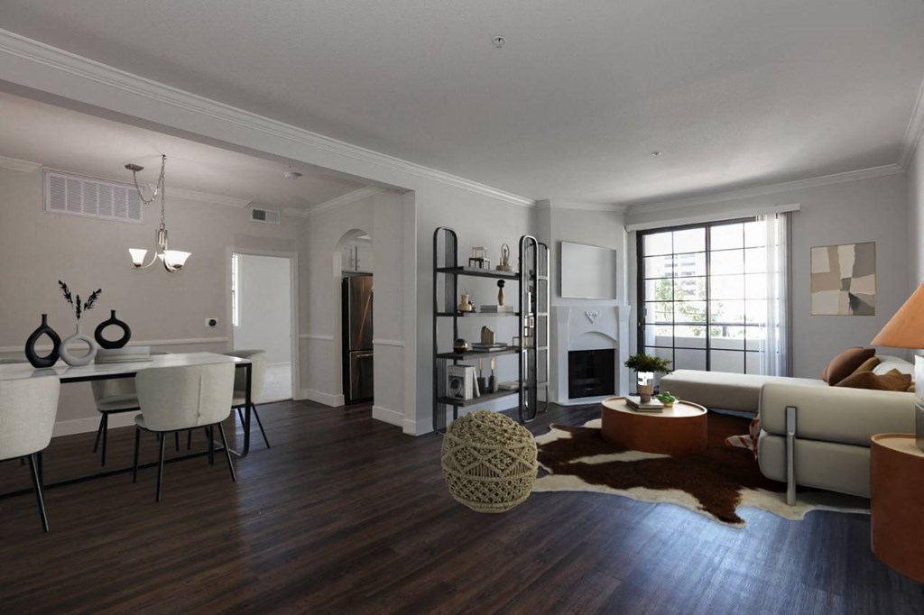 the living room and dining room of an apartment at Burton, Los Angeles, California