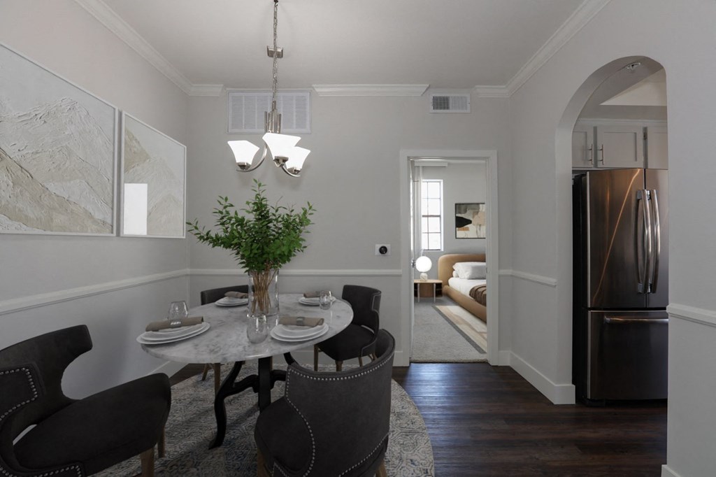a kitchen and dining room with a table and chairs at Burton, Los Angeles, CA