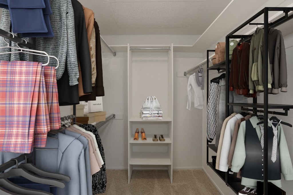 a walk in closet with a rack of clothes and a closet organizer at Burton, California, 90048