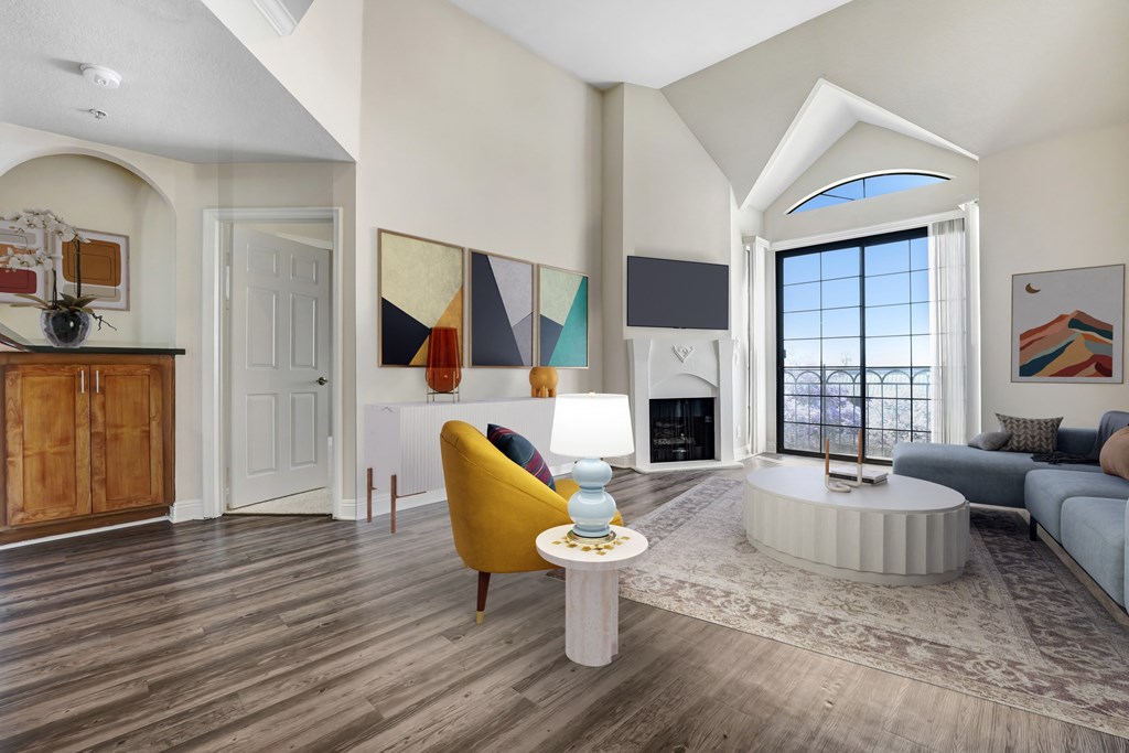 Living Area With TV And Fireplace at Burton, Los Angeles, California