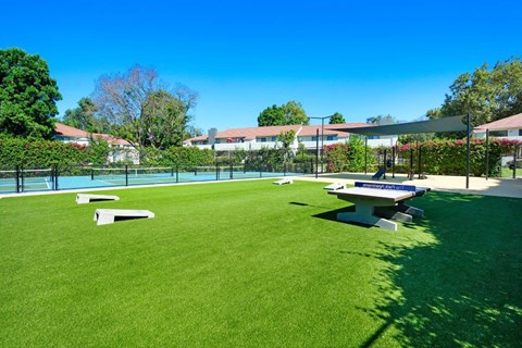 a picnic table and ping pong table sit in the middle of a grassy area with