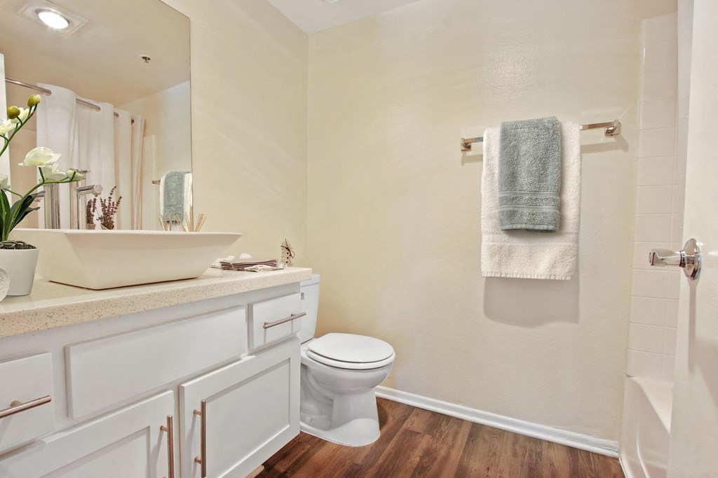 a bathroom with a toilet sink and mirror at Palm Royale Apartments, California, 90034