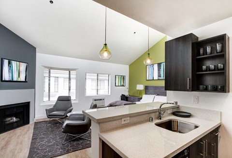 a kitchen and living room in a 555 waverly unit  at El Greco Lofts, Los Angeles