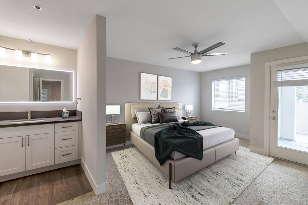 a bedroom with a bed and a ceiling fan at Nobel Court, California, 92122