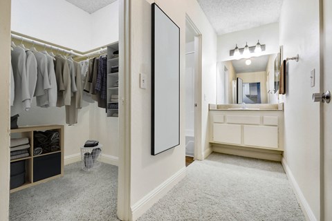 a walk in closet with a mirror and a white bathroom