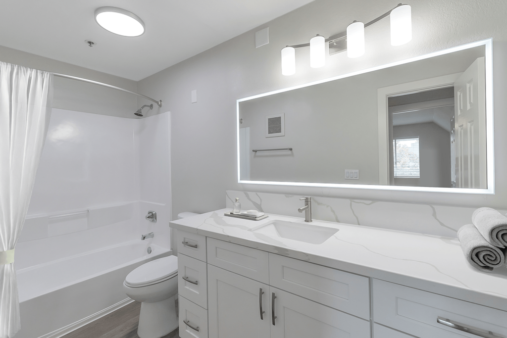 a bathroom with a large mirror and a sink and a toilet at Nobel Court, San Diego, California