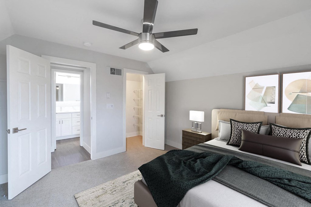 a bedroom with a bed and a ceiling fan at Nobel Court, California, 92122
