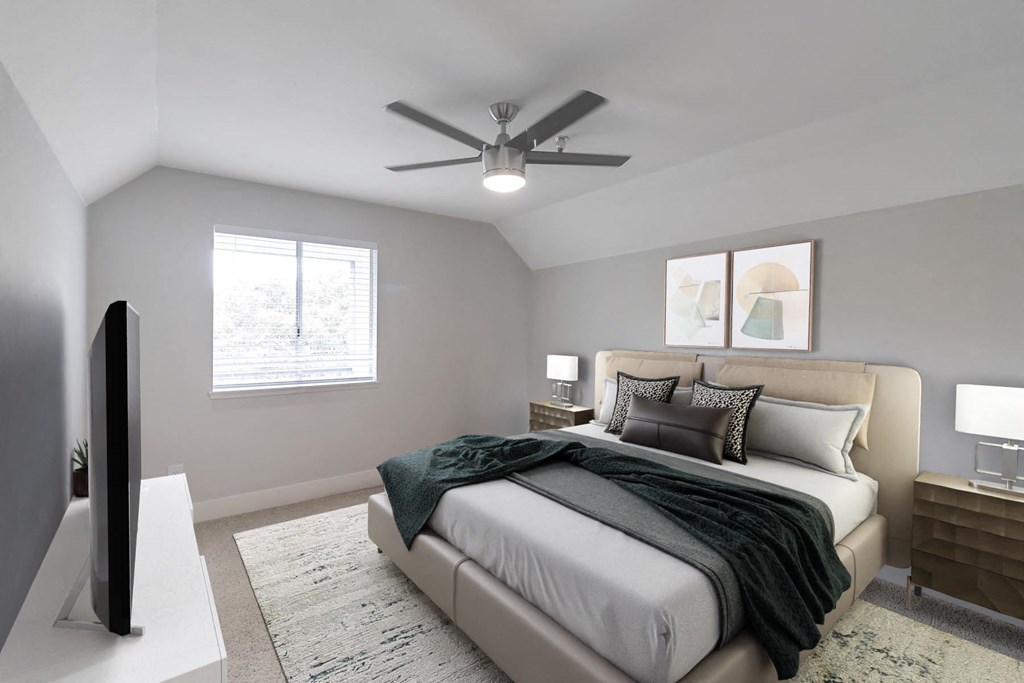 a bedroom with a bed and a ceiling fan at Nobel Court, California, 92122