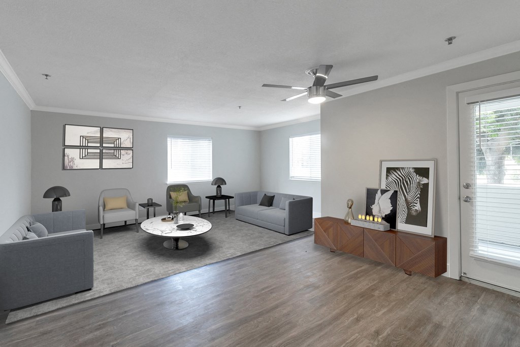 a living room with gray walls and a white ceiling fan at Nobel Court, San Diego, California