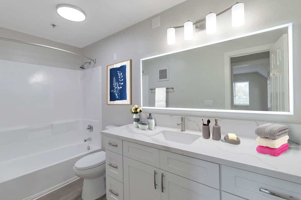 a bathroom with a large mirror and a toilet next to a bathtub at Nobel Court, San Diego, CA