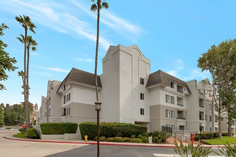 a large white apartment building with palm trees in front of it