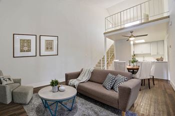 Living room with frames at Meridian Apartments, Los Angeles