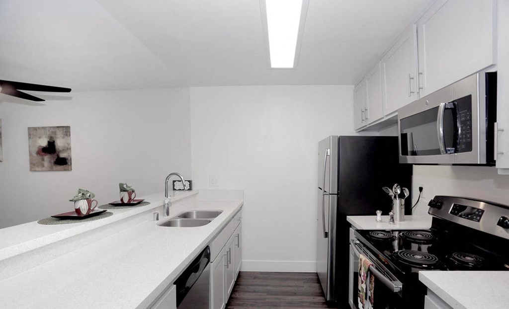 Kitchen area with appliances and cabinetsat Waverly, California
