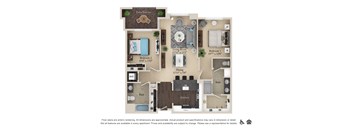 A floor plan of an apartment with a kitchen, living room, dining room, and two bedrooms.