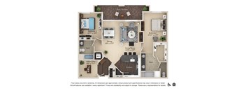 A floor plan of an apartment with two bedrooms, a living room, a dining room, a kitchen, and a bathroom.
