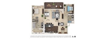 A floor plan of an apartment with two bedrooms, a living room, a kitchen, and a bathroom.