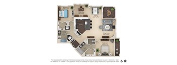 A floor plan of an apartment with a kitchen, living room, dining room, and three bedrooms.