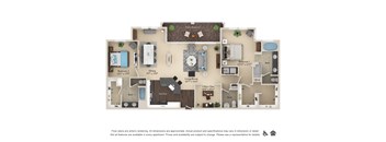 A floor plan of an apartment with a living room, two bedrooms, a bathroom, and a kitchen.