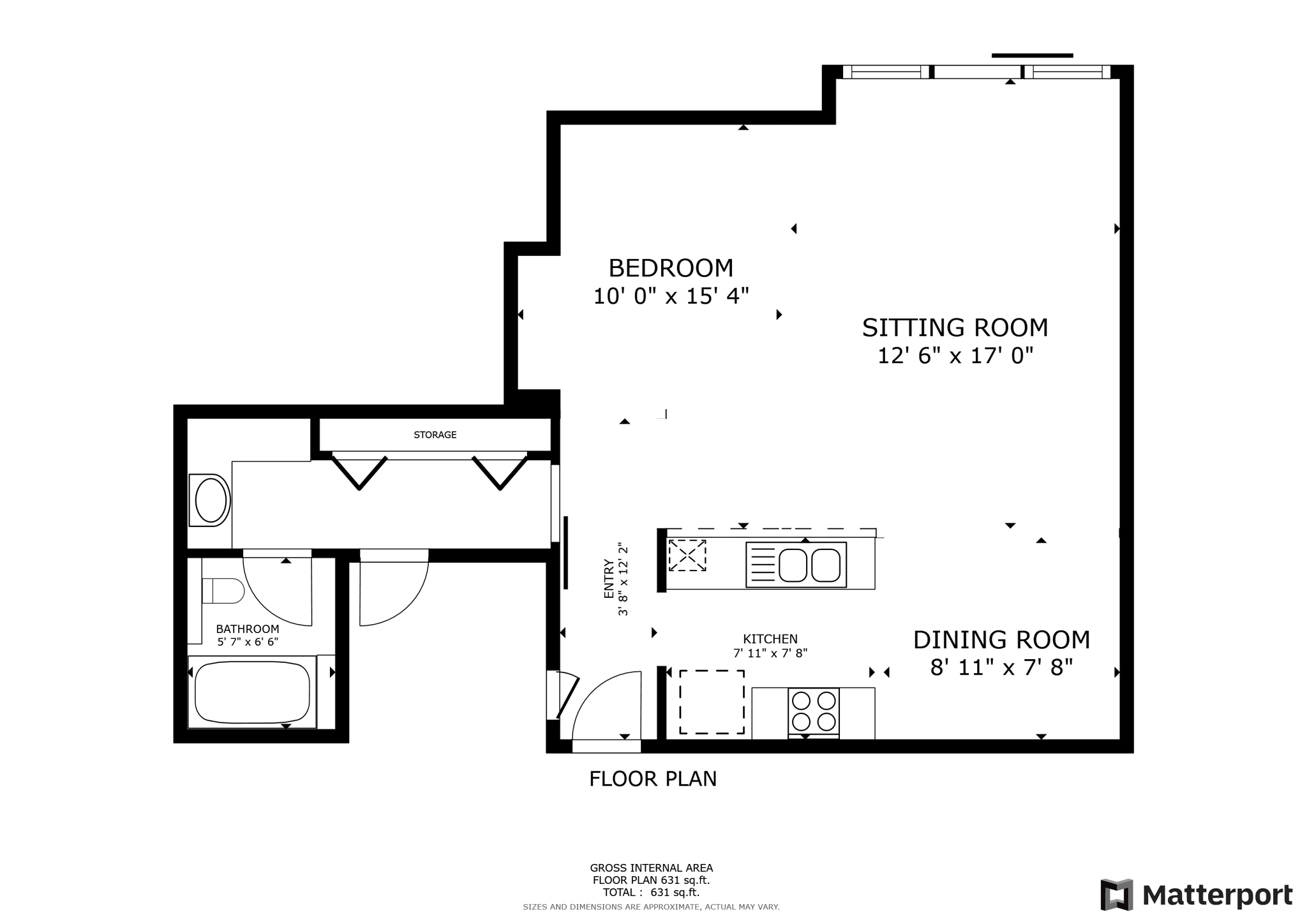a floor plan of a 1 bedroom floor plan with a bathroom and a dining room