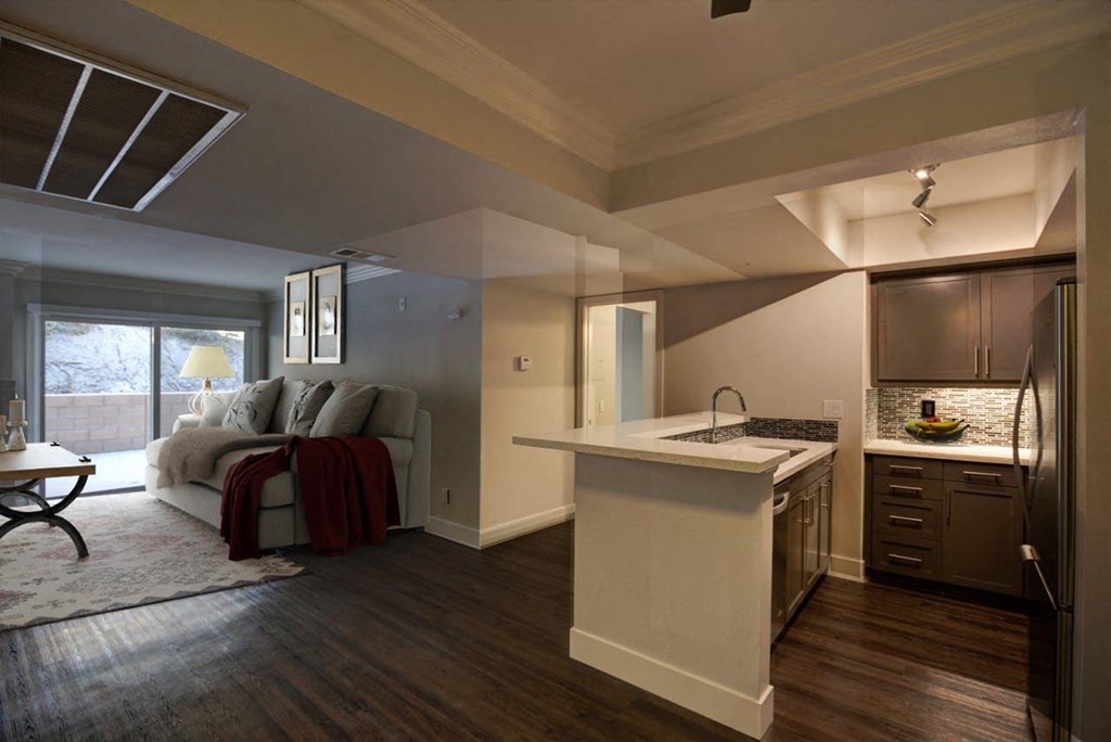 a living room with a kitchen and a couch