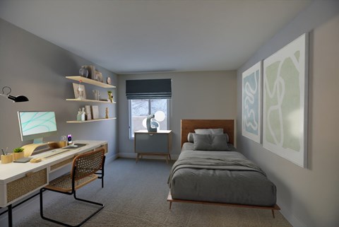 A bedroom with a bed, desk, and chair.