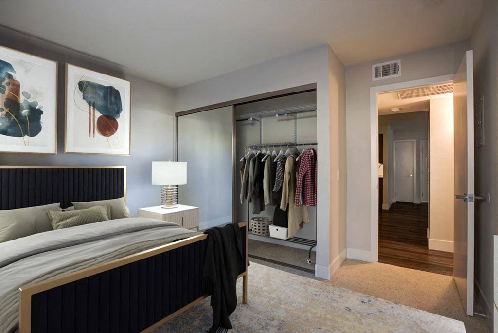 a bedroom with a bed and a closet