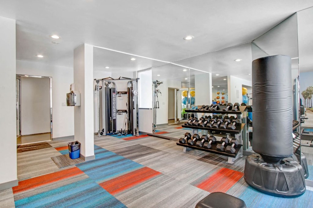 the home has a gym with weights and cardio equipment. at The Kenmore Los Feliz, Los Angeles, 90027-4063