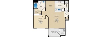 A floor plan of a home with a living room, dining room, kitchen, and bathroom.
