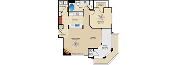 A floor plan of a house with a living room, dining room, kitchen, and bedrooms.