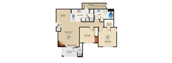 A floor plan of a house with a living room, dining room, kitchen, and two bedrooms.