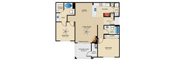 A floor plan of a house with a living room, dining room, kitchen, and two bedrooms.